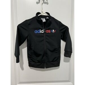 ✨ Adidas Track‎ Suit Jacket Toddler Kids Black Size 4T Red White Blue Logo
